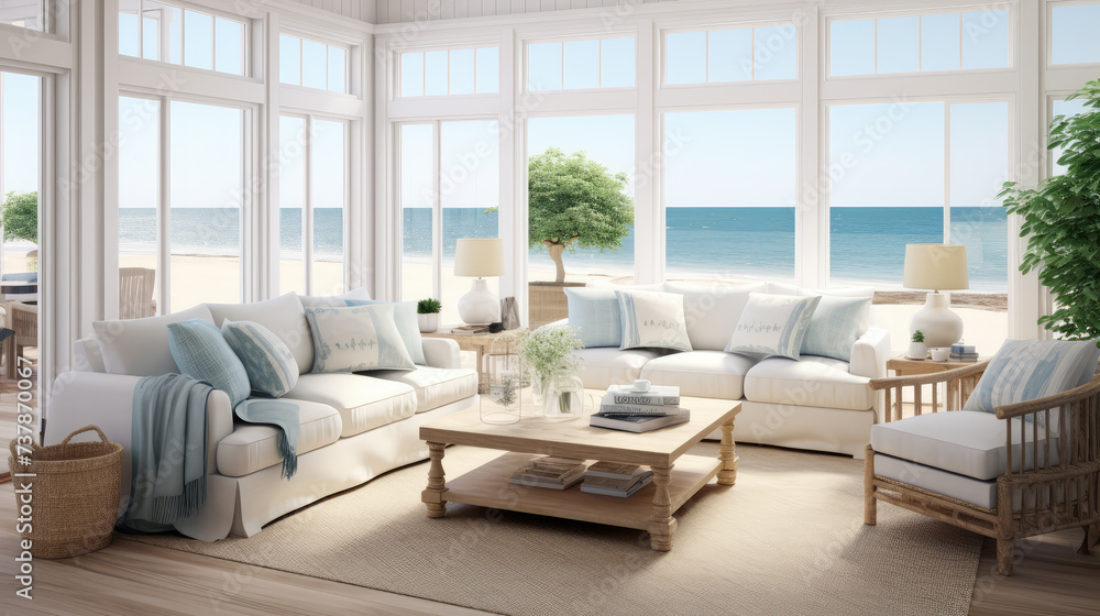 A bright and airy beachfront living room with elegant white sofas, large windows, and a serene ocean view.