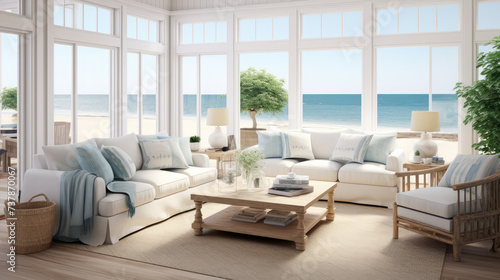 A bright and airy beachfront living room with elegant white sofas, large windows, and a serene ocean view. © Александр Марченко