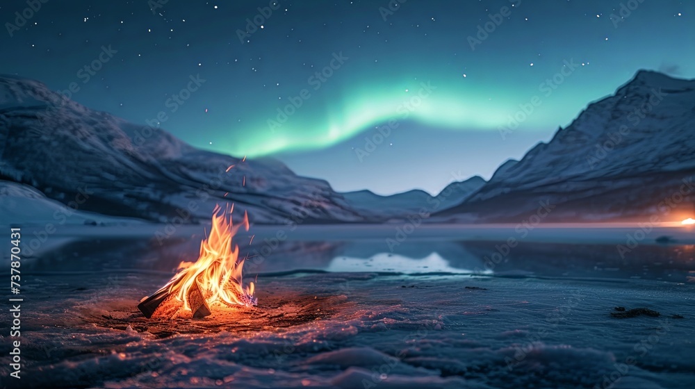 Campfire burning in the mountains at night during winter with frozen lake and forest.