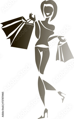 Stylized silhouette. Cheerful and smiling girl with shopping. Logo. Gradient