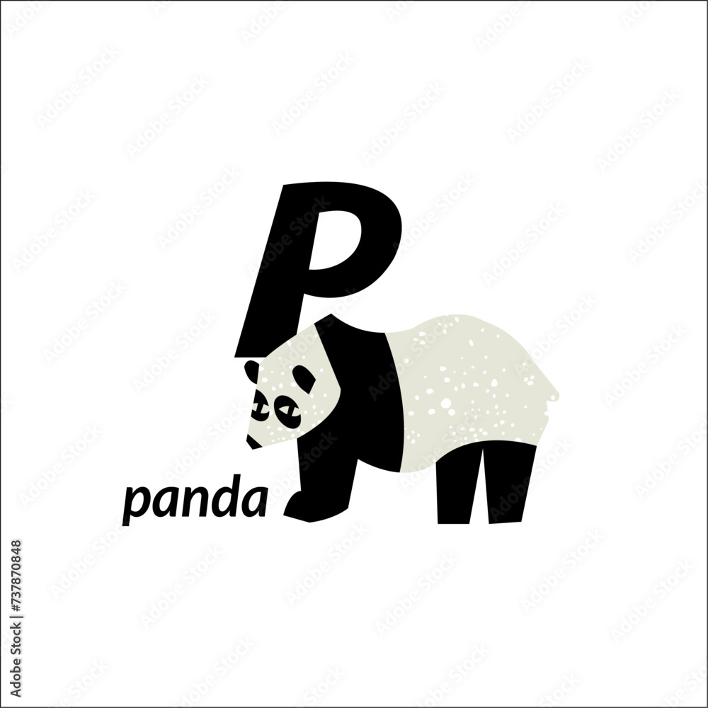 Vector illustration with panda bear and English capital letter P. childish alphabet for language learning