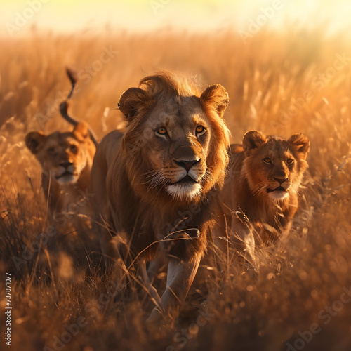 Lions standing in the savanna with setting sun shining. Group of wild animals in nature.
