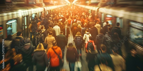 Busy subway station with a bustling crowd of commuters. Concept Urban chaos, Rush hour madness, Busy subway life, Crowded commuting, Hustle and bustle photo