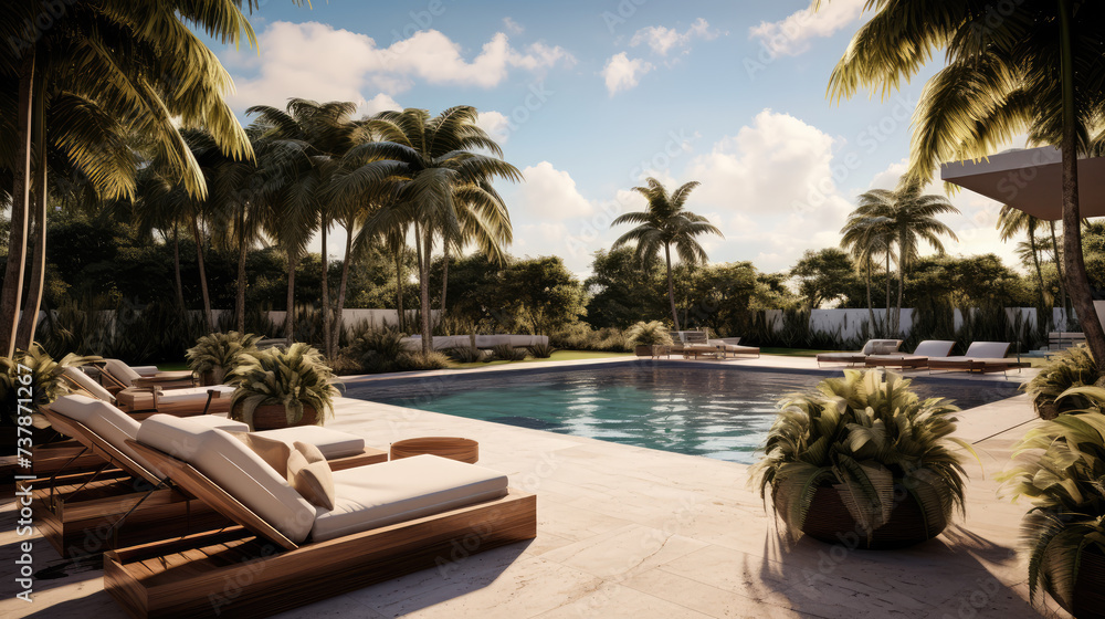 Tranquil luxury poolside with lounge chairs in a tropical resort setting during sunset, surrounded by lush palm trees.