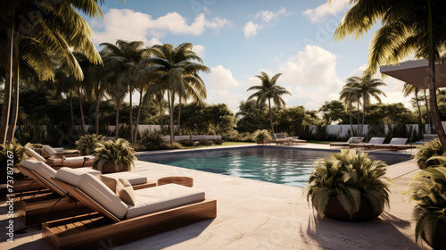 Tranquil luxury poolside with lounge chairs in a tropical resort setting during sunset, surrounded by lush palm trees.