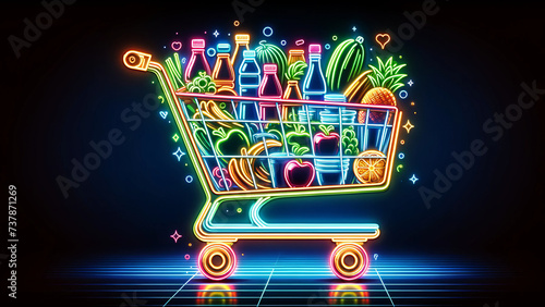 Neon Style Groceries in a Futuristic Shopping Cart