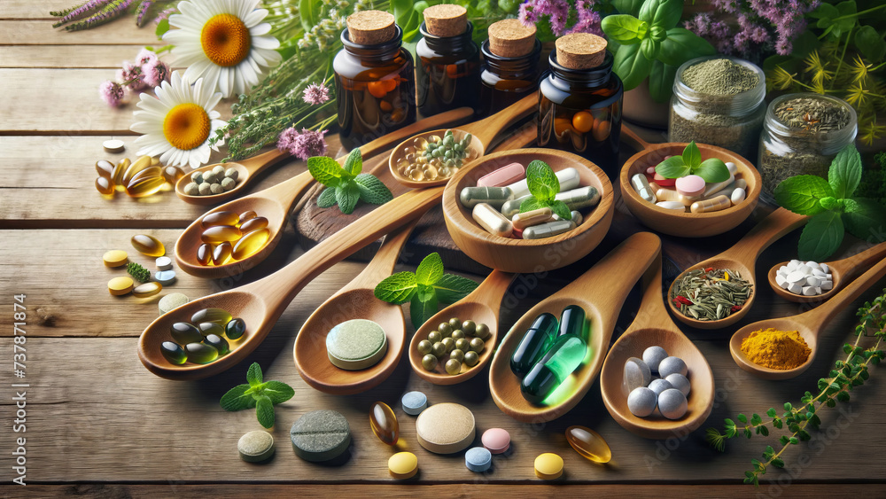 Dietary Supplements and Natural Herbs on Wooden Spoons Dietary Supplements and Natural Herbs on Wooden Spoons