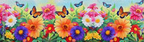 floral background colorful flowers with butterfly.Oil painting 