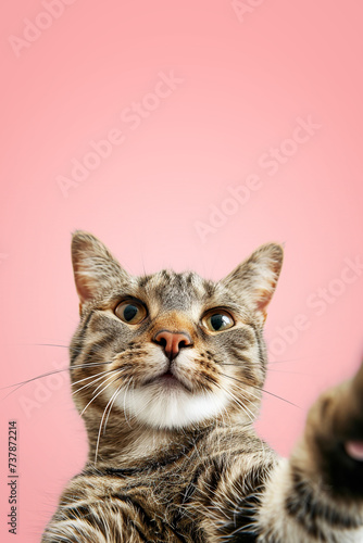 Happy cat on a uniform background with a raised paw. Copy space. © Svetlana Rey