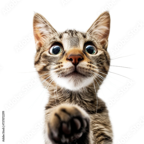 Happy cat on a transparent background with a raised paw.