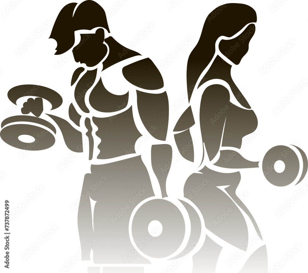Stylized silhouette. A guy and a girl with an athletic build are training with dumbbells. Gradient Stylized silhouette. A guy and a girl with an athletic build are training with dumbbells. Gradient