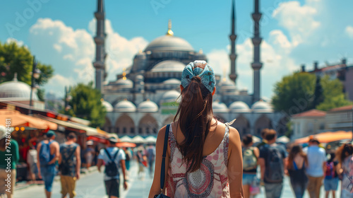 Beautiful tourist young woman walking in Istanbul city street on summer, Turkey, tourism travel holiday vacations concept in Europe