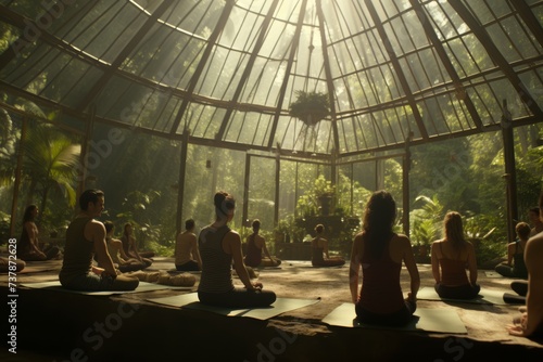 Group of young people practicing yoga in a serene and picturesque forest setting