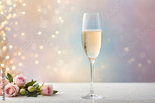 A champagne glass, translucent crystal reflecting a gentle bokeh effect from a minimalist background with soft pastel hues. Generative AI