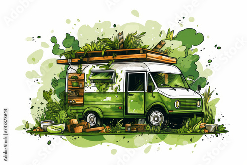Illustration of a green food truck promoting eco-friendly practices and emphasizing cleanliness