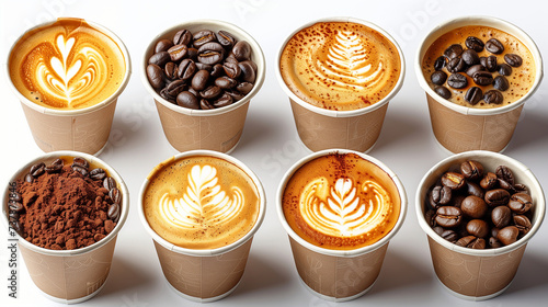 A delicious array of aromatic caffeinated drinks, including cappuccinos, lattes, and cuban espressos, are beautifully displayed on a table with elegant serveware, tempting any coffee lover's taste bu photo