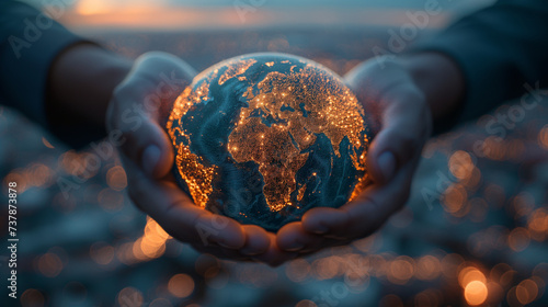 A person holds the world in their hand  illuminated by glowing lights  symbolizing their power to shape and guide the fate of the planet