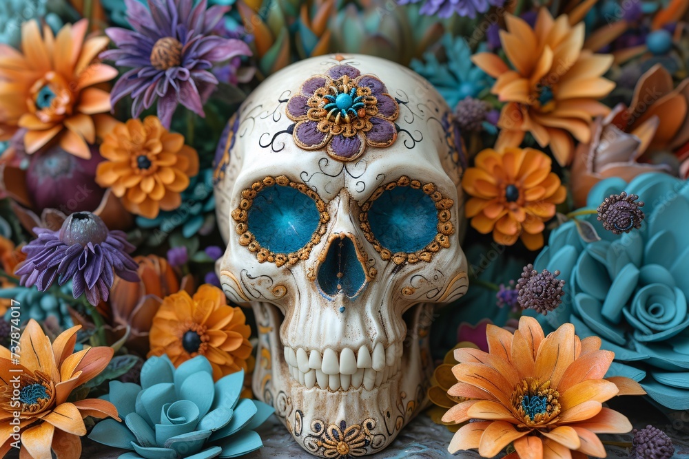 DÃ­a de los Muertos Skull with Flowers Generative AI