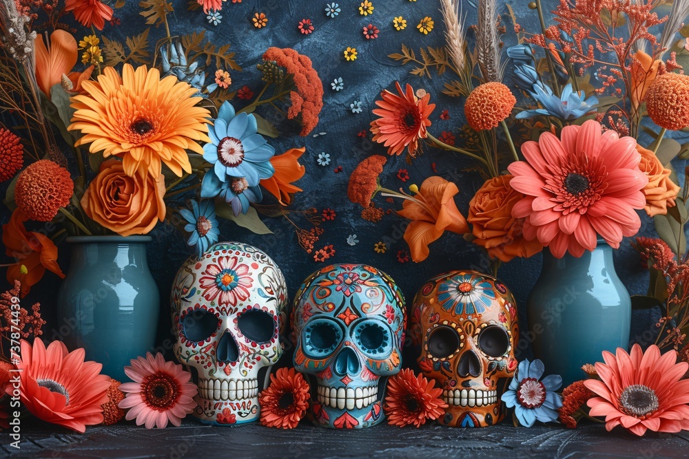 DÃ­a de los Muertos Skulls with Flowers A Celebration of Life and Death Generative AI