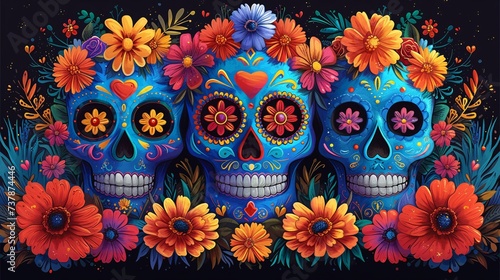 DÃ­a de los Muertos Skulls with Flower Decorations Generative AI