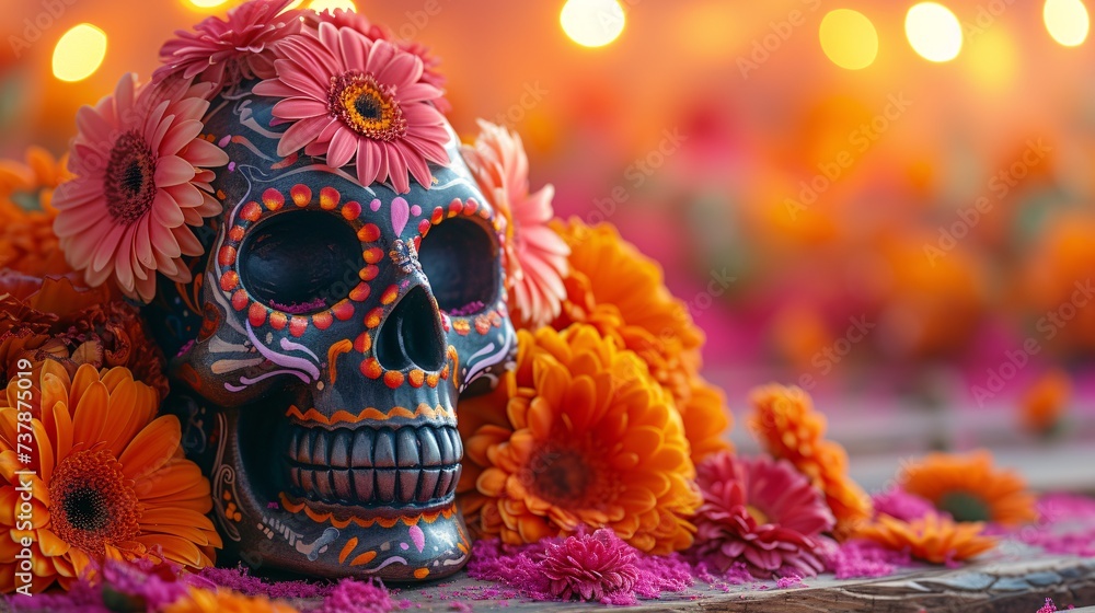Dia de los Muertos Skull with Flower Decoration Generative AI
