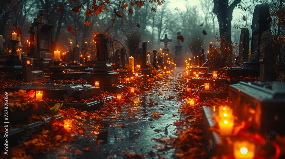 Glowing Autumn Graves A Halloween Nighttime Cemetery Generative AI Glowing Autumn Graves A Halloween Nighttime Cemetery Generative AI
