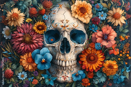 Flower Power Skull A Bone-Chilling Flower-Filled Skull Art Generative AI