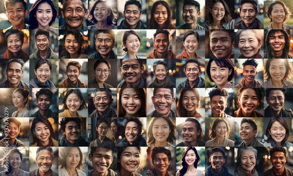 collage of asian adult men and women smiling, collage of portrait, grid of 60 cheerful faces,  group photo - obrazy, fototapety, plakaty 