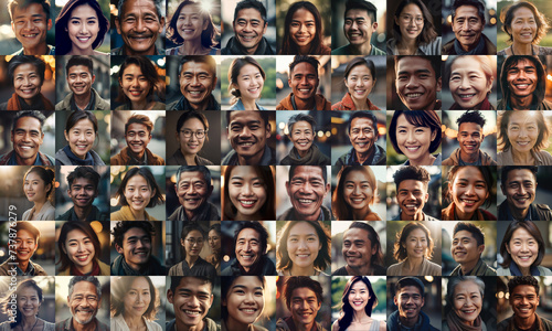 collage of asian adult men and women smiling, collage of portrait, grid of 60 cheerful faces, group photo