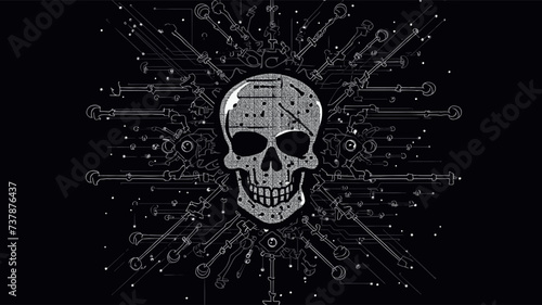 Abstract skull and crossbones with code symbols symbolizing the danger of malicious code. simple Vector art