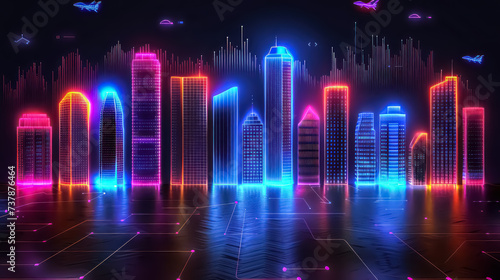 A digital illustration of a futuristic cityscape filled with sleek skyscrapers and flying vehicles  bathed in the glow of neon lights background