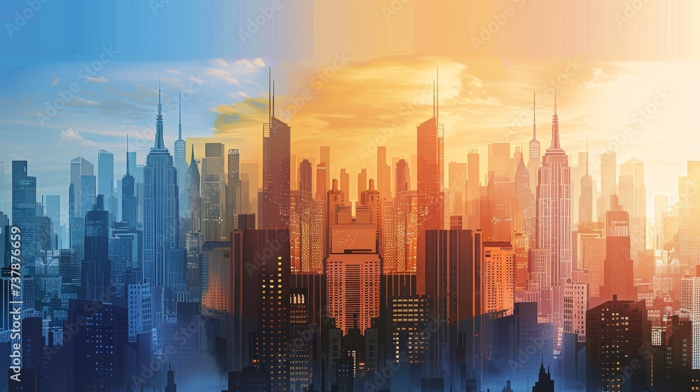 Moving Images: Animated cityscape showing the transition from day to night Moving Images: Animated cityscape showing the transition from day to night