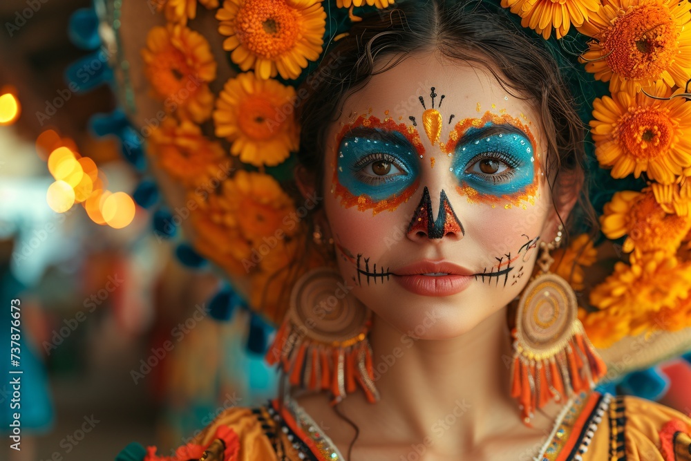 Celebrate DÃ­a de los Muertos with a Flower-Crowned Beauty Generative AI