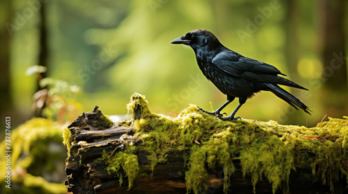 Black Carrion Crow Corvus corone perched on moss