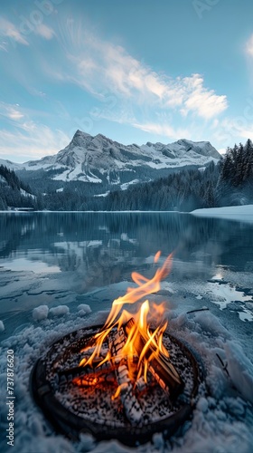 Fire burning on frozen lake in the mountains at night.