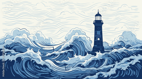 Abstract save the seas with a lighthouse and waves  representing maritime conservation. simple Vector art