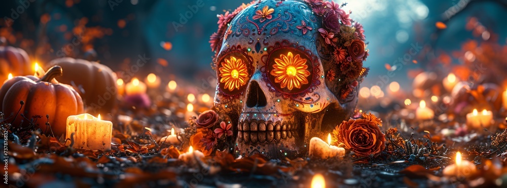 DÃ­a de los Muertos Skull with Flowers and Candles Generative AI