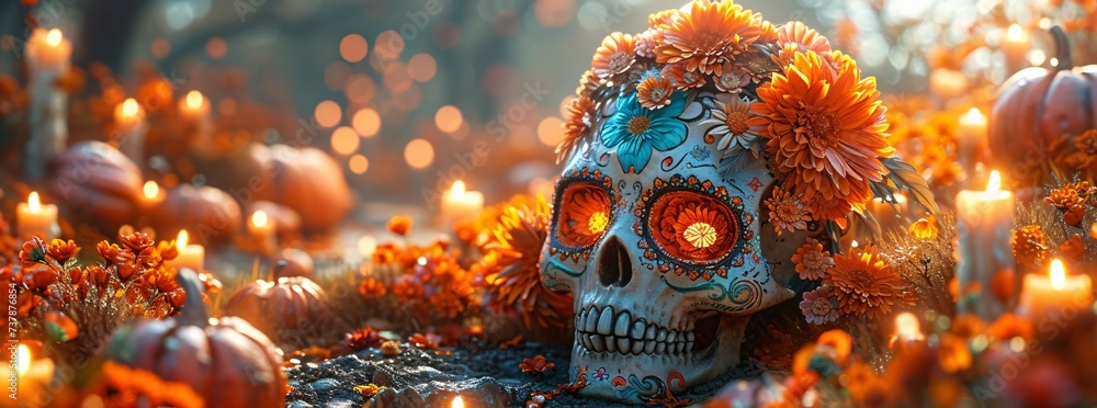 Skeleton with a Flower Crown A Creepy Cute Halloween Decoration Generative AI Skeleton with a Flower Crown A Creepy Cute Halloween Decoration Generative AI
