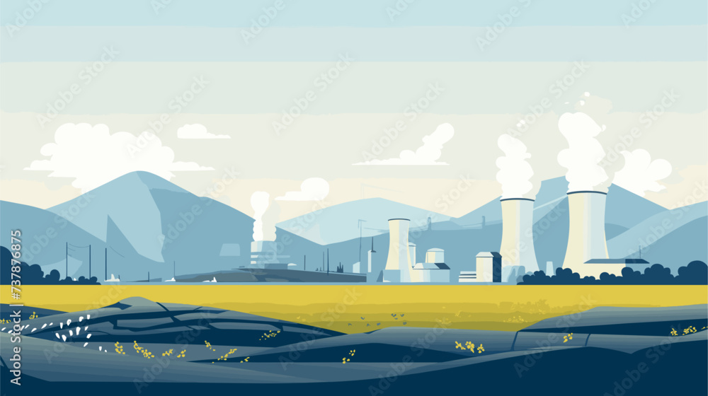 Fototapeta premium Abstract nuclear power plant landscape with mountains representing the placement of nuclear facilities. simple Vector art