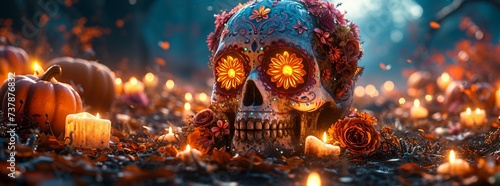 DÃ­a de los Muertos Skull with Flowers and Candles Generative AI © Riya