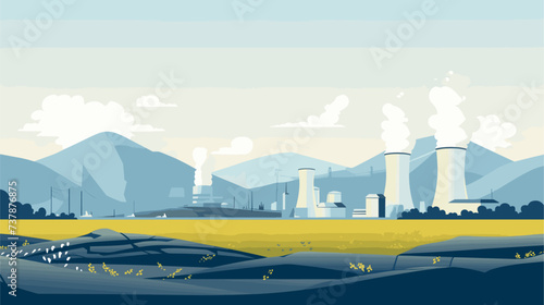 Abstract nuclear power plant landscape with mountains representing the placement of nuclear facilities. simple Vector art