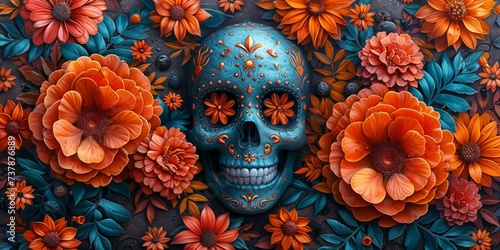 DÃ­a de los Muertos Skull with Orange Flowers Generative AI photo