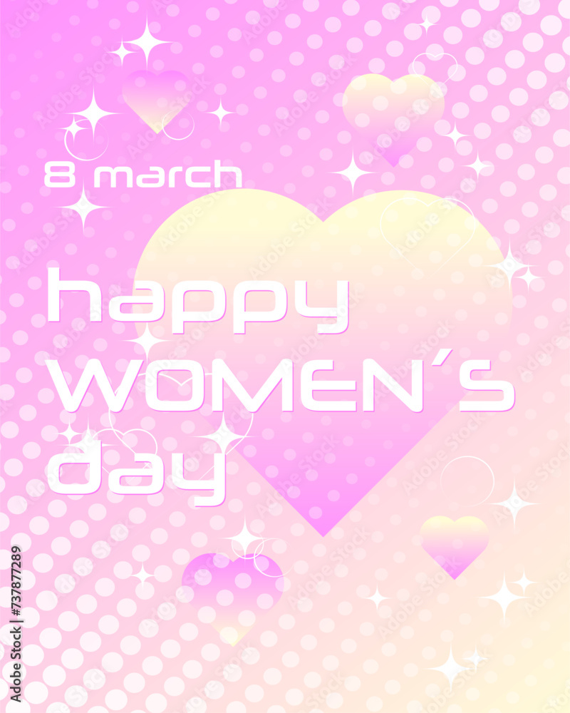 Happy Women's Day, decorate with trendy gradient heart vibrant y2k colorful background. Design for greeting card, fashion, commercial, banner