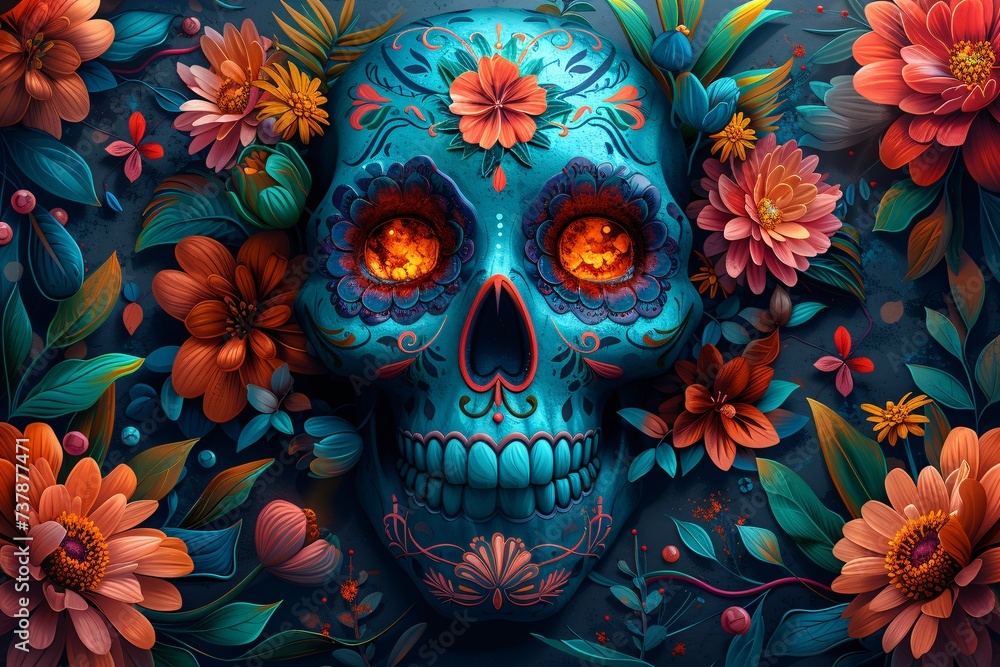 DÃa de los Muertos Skull with Flower Decoration Generative AI DÃa de los Muertos Skull with Flower Decoration Generative AI