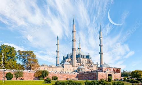 Selimiye Mosque with crescent moon (new moon) - Edirne, Turkey photo