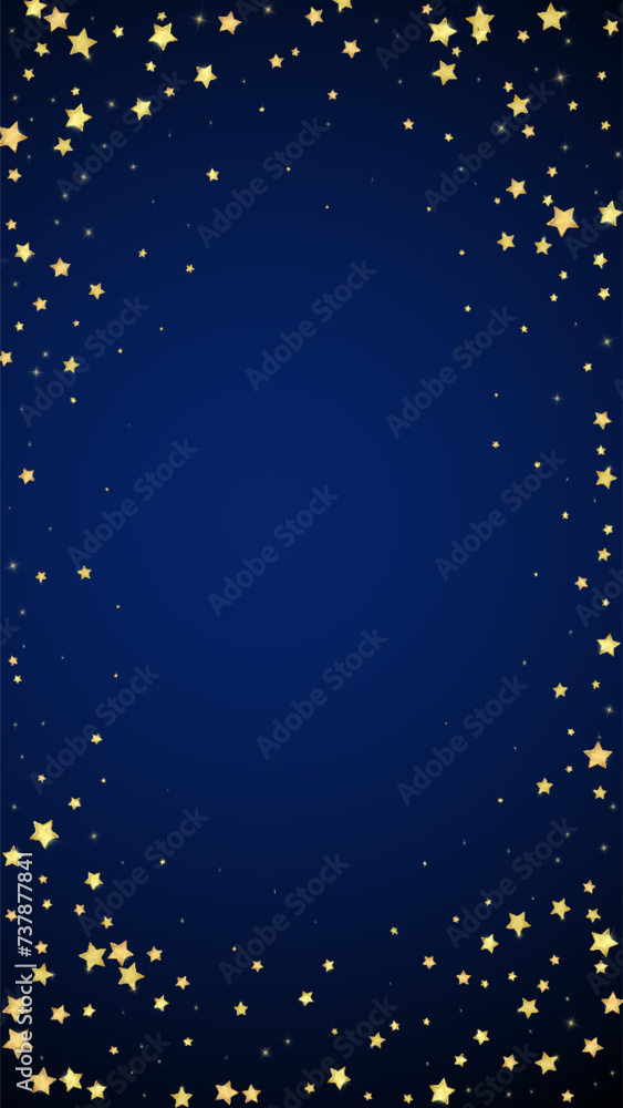 Magic stars vector overlay. Gold stars scattered around randomly, falling down, floating. Chaotic dreamy childish overlay template. Vector magic overlay on dark blue background. Magic stars vector overlay. Gold stars scattered around randomly, falling down, floating. Chaotic dreamy childish overlay template. Vector magic overlay on dark blue background.