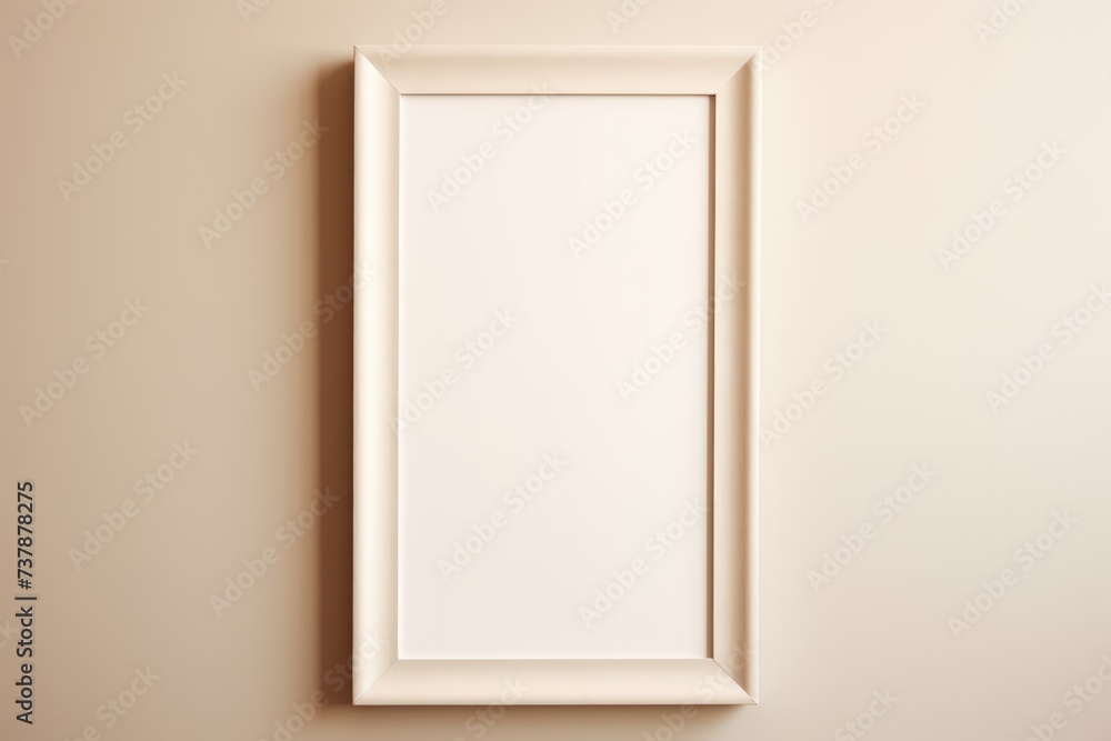 A plain blank frame hanging on a beige wall. A plain blank frame hanging on a beige wall.