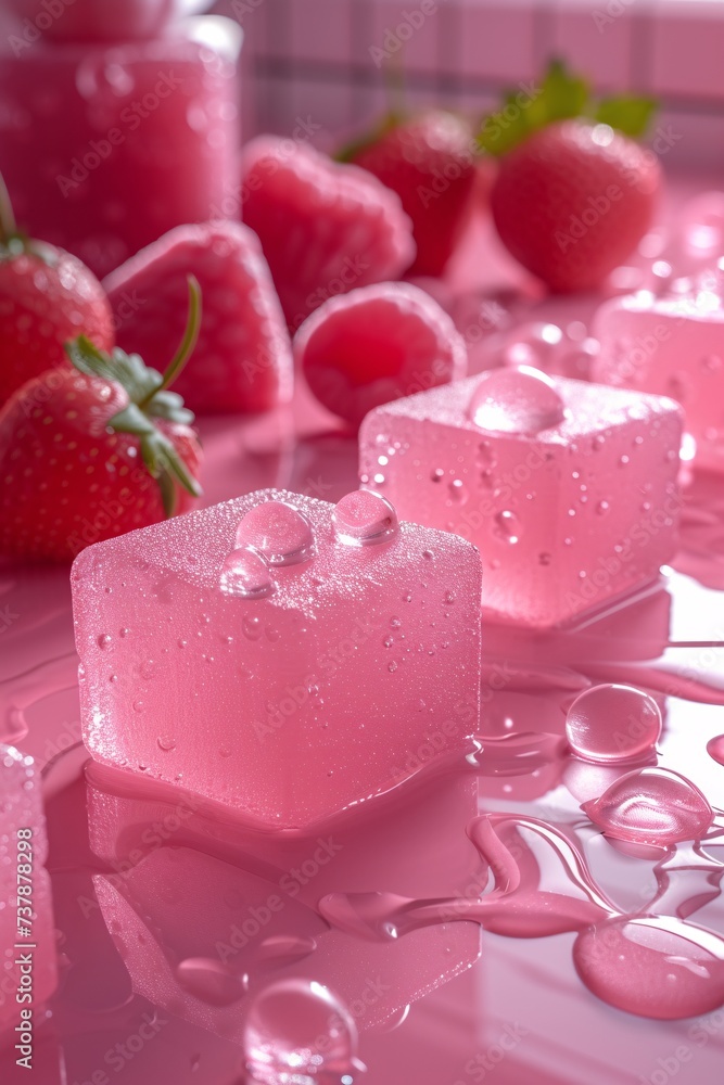 Pink Ice Cubes with Strawberries A Cool and Fruity Treat for the Month of Love Generative AI Pink Ice Cubes with Strawberries A Cool and Fruity Treat for the Month of Love Generative AI
