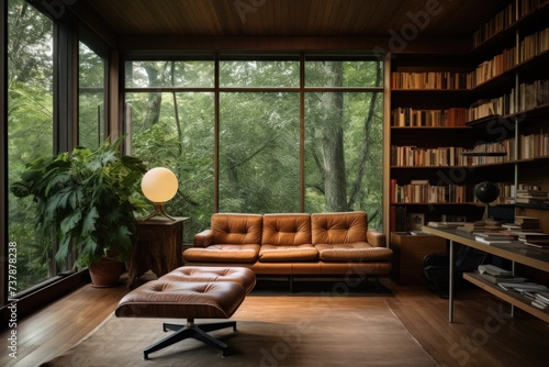 Office room with wooden walls and floors, featuring a bookshelf. © crazyass