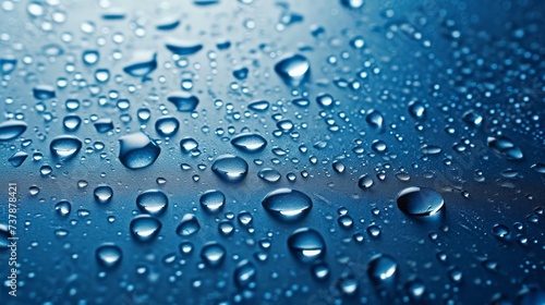 Blue Background with Clear Water Drops, Rain Droplets, Texture in Macro Close-up. photo